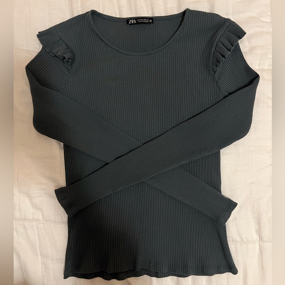 Zara Ribbed Long Sleeved Top with shoulder ruffle